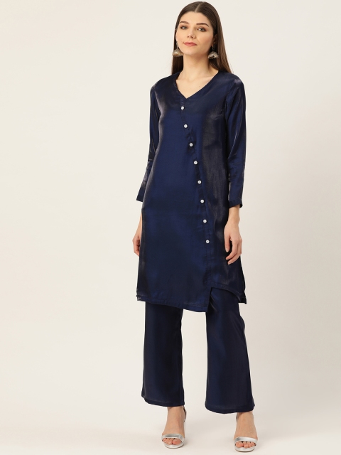 

Cottinfab Women Navy Blue Sheen Effect Solid Kurta with Palazzos