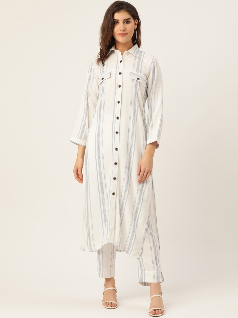 

Cottinfab Women White & Navy Blue Striped Kurta with Trousers