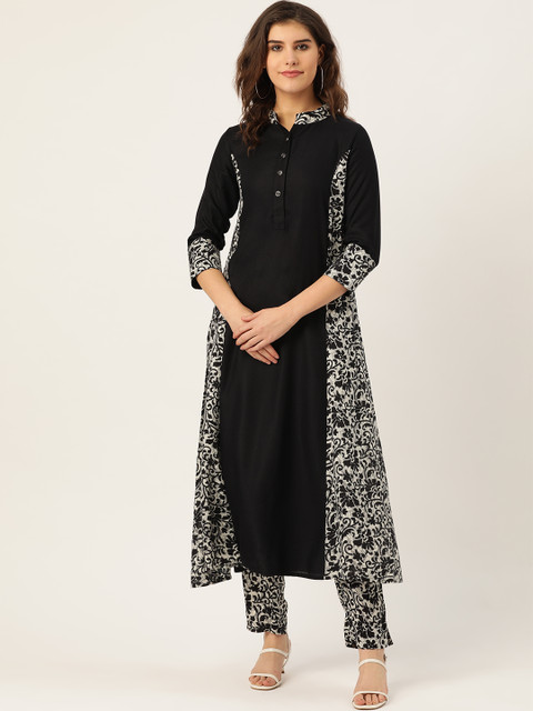 

Cottinfab Women Black & White Printed Kurta with Trousers