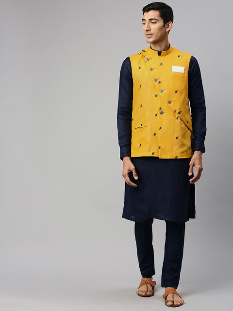 

Manyavar Men Navy Blue Solid Kurta with Trousers & Nehru Jacket