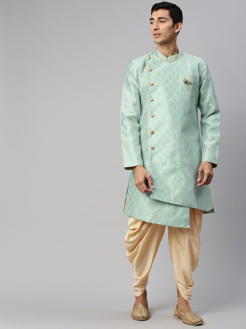 

Manyavar Men Blue & Gold-Toned Woven Design Kurta with Dhoti Pants
