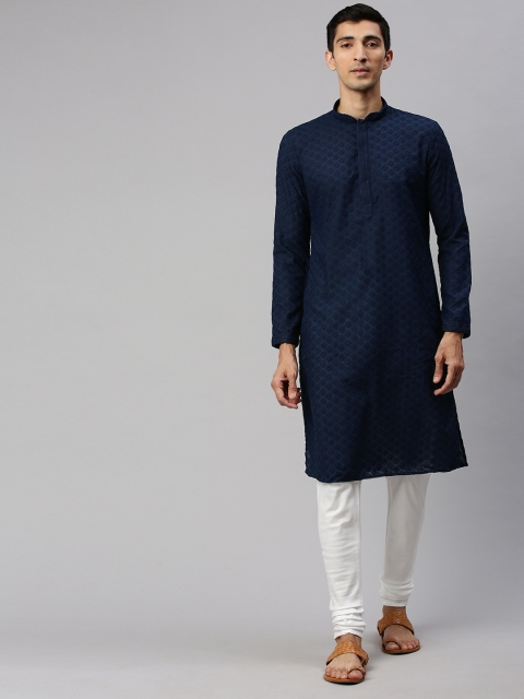 

Manyavar Men Blue & White Embroidered Kurta with Churidar
