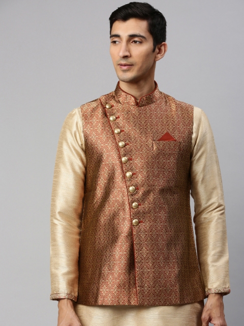 

Manyavar Men Maroon & Golden Woven Design Nehru Jacket