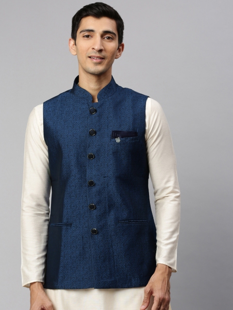 

Manyavar Men Navy Blue & Black Woven Design Nehru Jacket