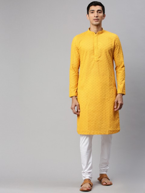 

Manyavar Men Yellow Embroidered Kurta with Churidar