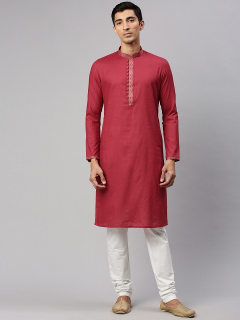 

Manyavar Men Red Self Design Kurta with White Solid Pyjamas