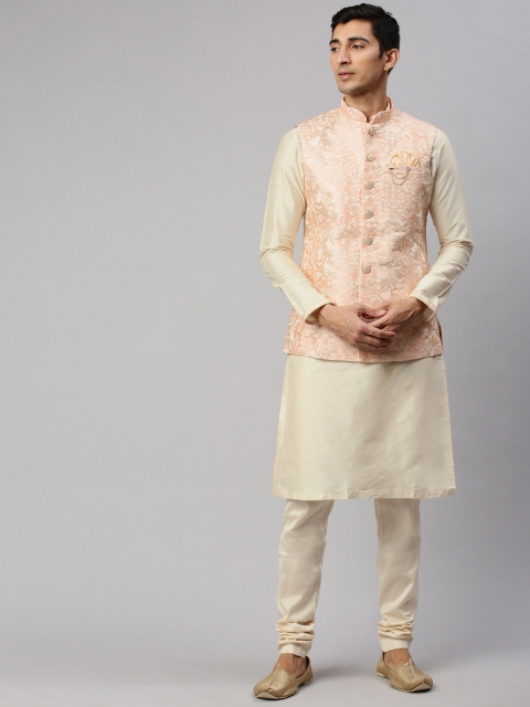 

Manyavar Men Cream-Coloured Solid Kurta Set with Nehru Jacket