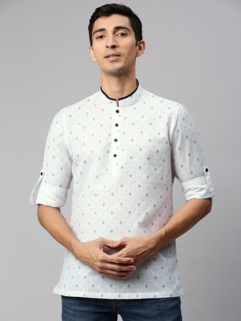 

Manyavar Men White & Blue Printed Straight Kurta
