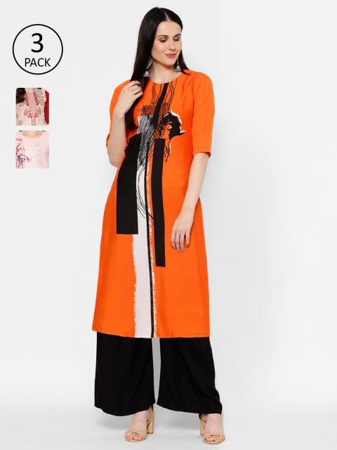 

7Threads Women Pack Of 3 Printed Straight Kurtas, Orange