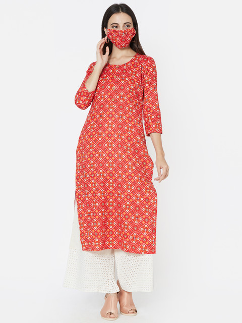 

FASHOR Women Red White Printed Straight Kurta