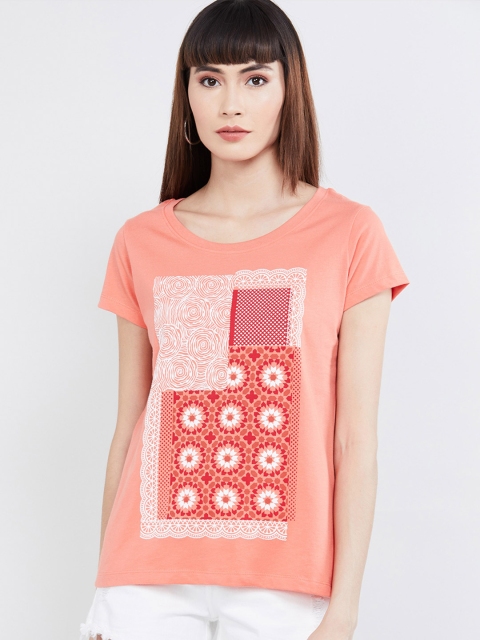 

max Women Coral Printed Round Neck T-shirt
