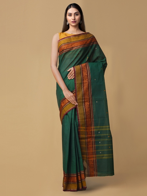 

Unnati Silks Green Pure Cotton Solid Handcrafted Uppada Saree