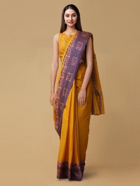 

Unnati Silks Yellow & Blue Pure Cotton Solid Kanjeevaram Saree