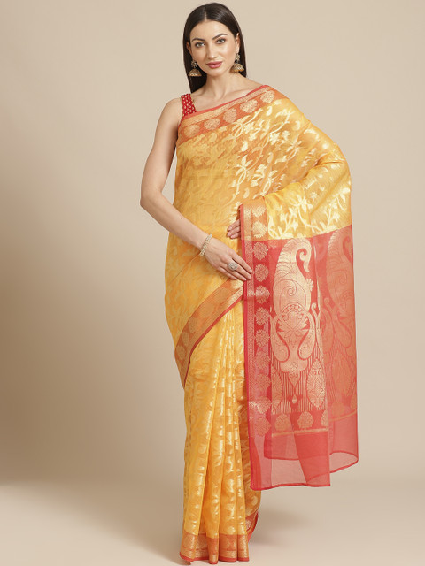

Chhabra 555 Mustard Yellow & Red Woven Design Handloom Jamdani Saree
