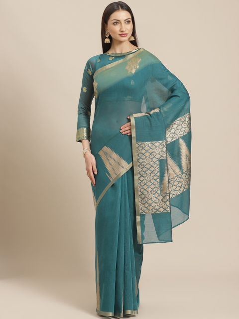 

Chhabra 555 Teal Green & Golden Solid Saree