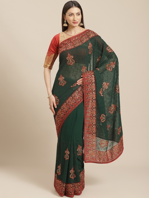 

Chhabra 555 Green & Red Paisley Aari Embroidered & Embellished Saree