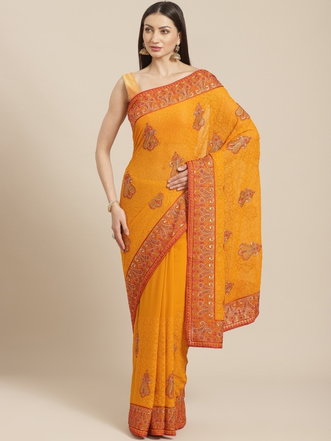 

Chhabra 555 Mustard Yellow & Red Heavy Aari Work Embroidered Saree