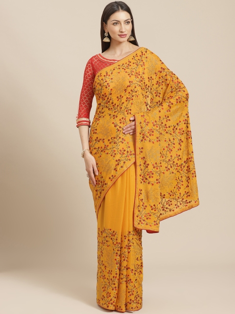 

Chhabra 555 Mustard Yellow & Red Floral Aari Work Embroidered Saree