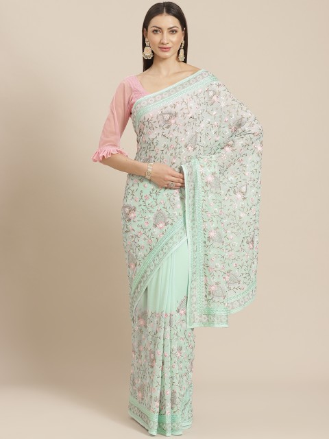 

Chhabra 555 Sea Green & Pink Resham Embroidered Saree