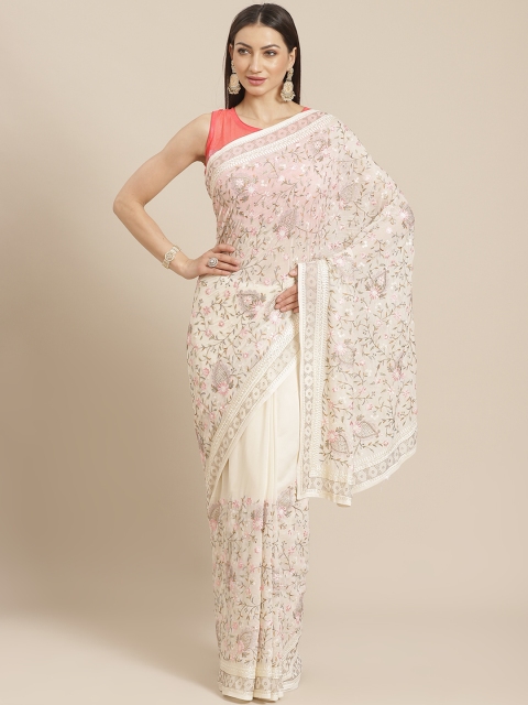 

Chhabra 555 Cream-Coloured & Pink Embroidered Saree