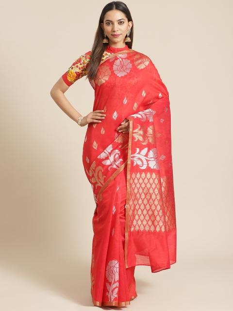 

Chhabra 555 Coral Red & Silver Woven Design Banarasi Saree