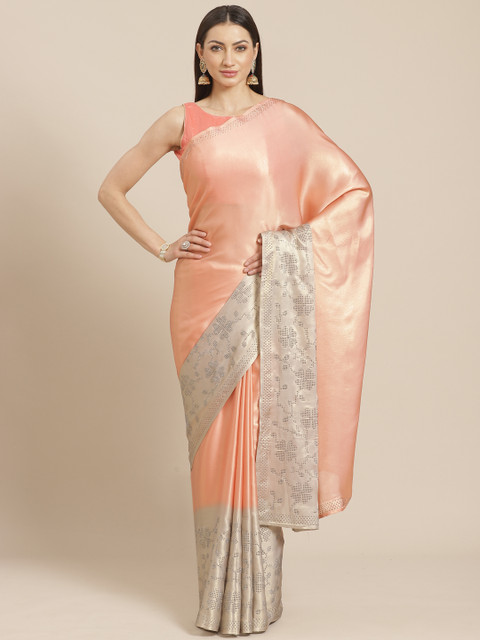 

Chhabra 555 Peach-Coloured Solid Satin Finish Saree