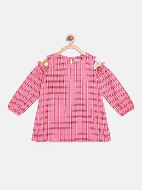 

NAAV BY AVNEET Girls Pink & Black Checked Cold Shoulder Top with Frill Detail