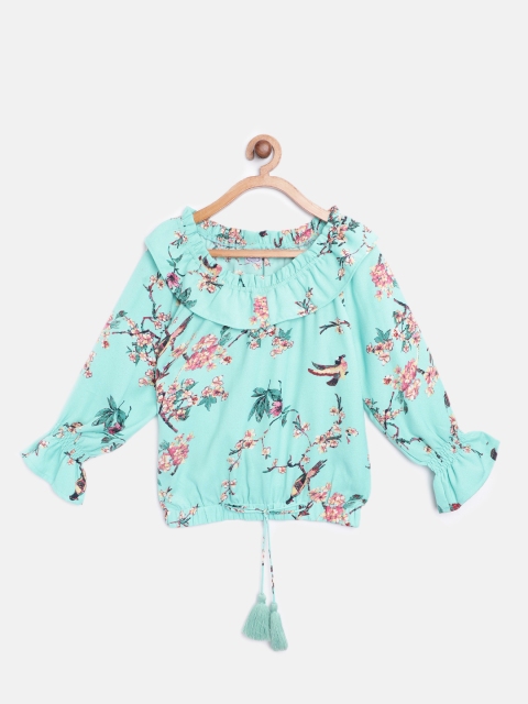 

NAAV BY AVNEET Girls Turquoise Blue & Pink Floral Print Bell Sleeves Bardot Top