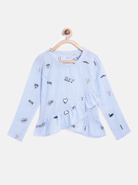 

NAAV BY AVNEET Girls Blue & White Striped Ruffled A-Line Top with Embroidered Detail