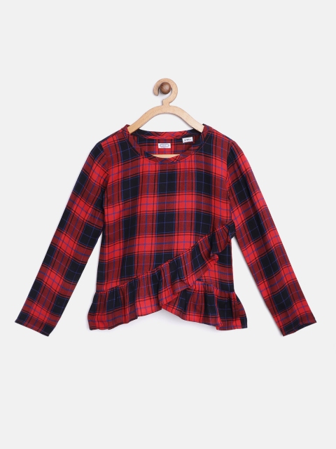 

NAAV BY AVNEET Girls Red & Navy Checked Ruffled A-Line Top