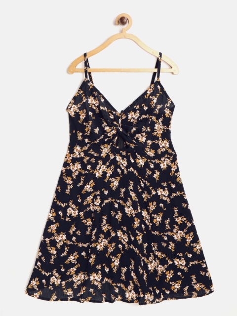 

NAAV BY AVNEET Girls Navy Blue & Beige Floral Print A-Line Dress