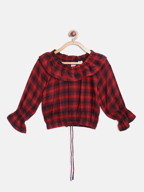 

NAAV BY AVNEET Red & Navy Blue Checked Puff Sleeves Waist Tie-Up Top
