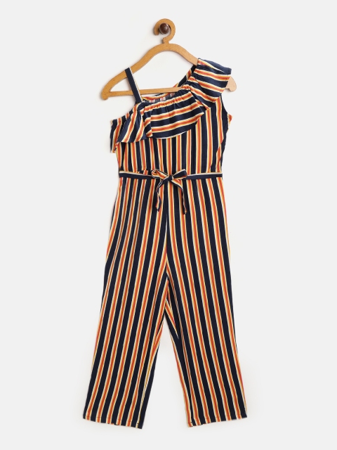 

NAAV BY AVNEET Girls Navy Blue & Red Striped One-Shoulder Ruffle Jumpsuit