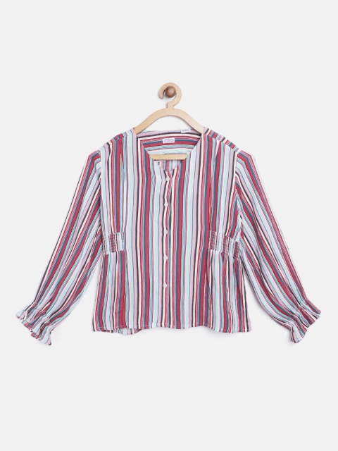 

NAAV BY AVNEET Pink & Blue Candy Stripes Striped Puff Sleeves Smoked Detail Crepe Top