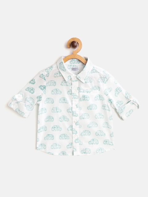 

NAAV BY AVNEET Boys White & Sea Green Regular Fit Car Print Pure Cotton Casual Shirt