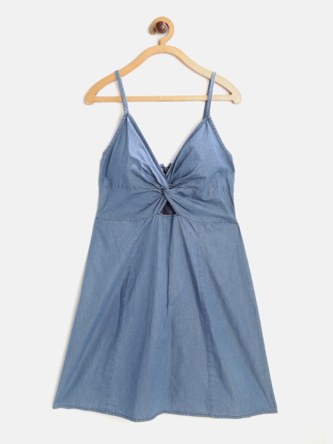 

NAAV BY AVNEET Girls Blue Cotton Solid Chambray A-Line Dress