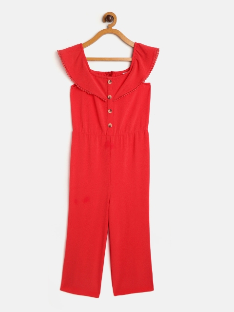 

NAAV BY AVNEET Girls Coral Red Solid Off-Shoulder Basic Jumpsuit