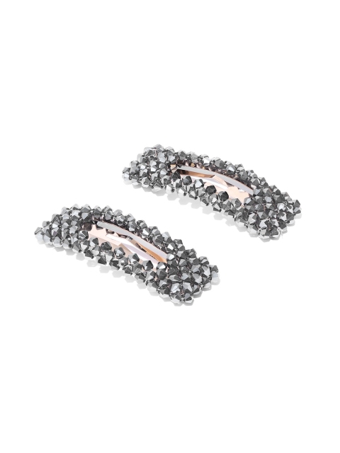 

Blueberry Women Set of 2 Gunmetal-Toned Beaded Tic Tac Hair Clips, Metallic