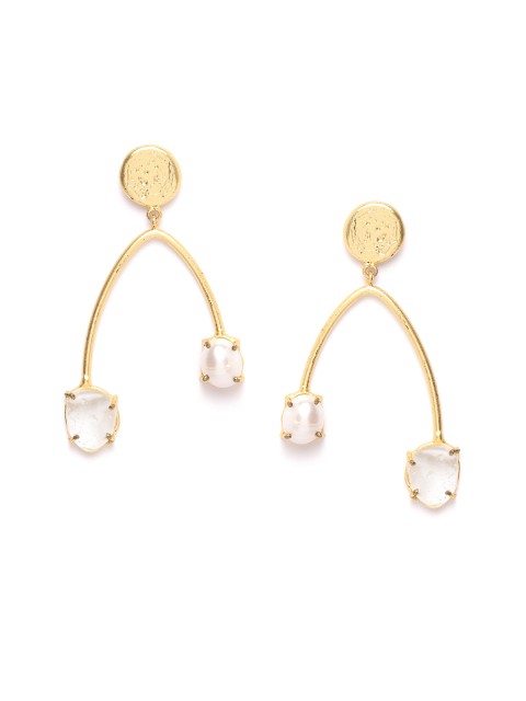 

Blueberry Off-White Gold-Plated Stone-Studded & Beaded Contemporary Drop Earrings