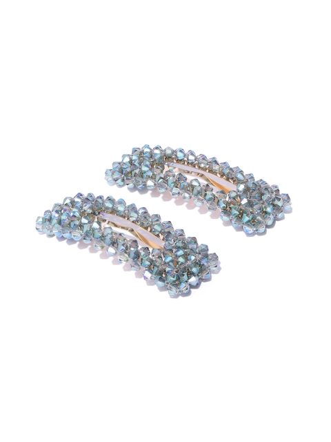 

Blueberry Women Set of 2 Teal Blue Beaded Tic Tac Hair Clips with Iridescent Effect