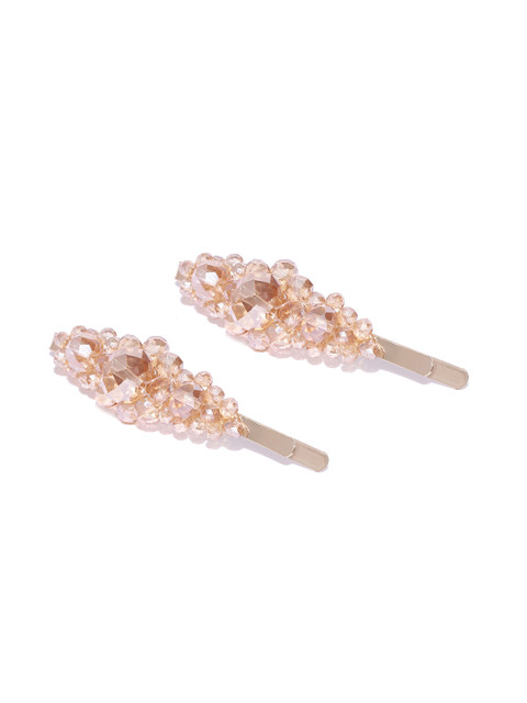 

Blueberry Women Set of 2 Peach-Coloured & Gold-Toned Beaded Hair Pins