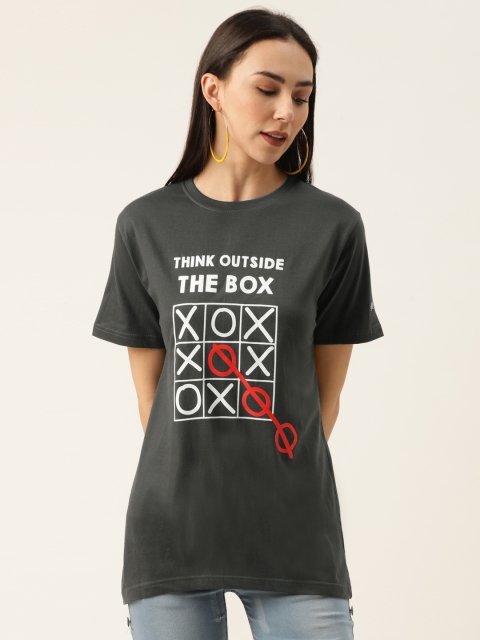 

PRINTOCTOPUS Women Charcoal Grey Pure Cotton Printed Round Neck T-shirt