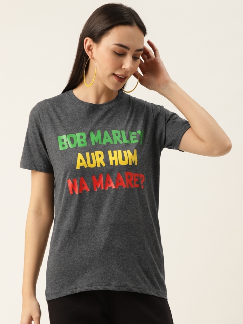 

PRINTOCTOPUS Women Charcoal Grey Green Printed Round Neck Pure Cotton T-shirt