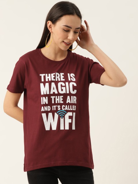 

PRINTOCTOPUS Women Maroon & White Pure Cotton Printed Round Neck T-shirt