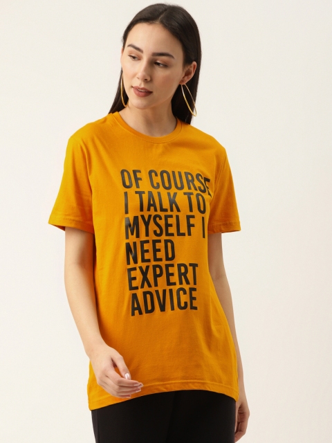 

PRINTOCTOPUS Women Mustard Yellow Pure Cotton Printed Round Neck T-shirt