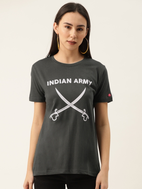 

PRINTOCTOPUS Women Charcoal Grey Pure Cotton Printed Round Neck T-shirt