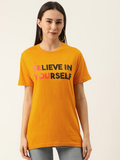 

PRINTOCTOPUS Women Mustard Yellow Printed Round Neck T-shirt