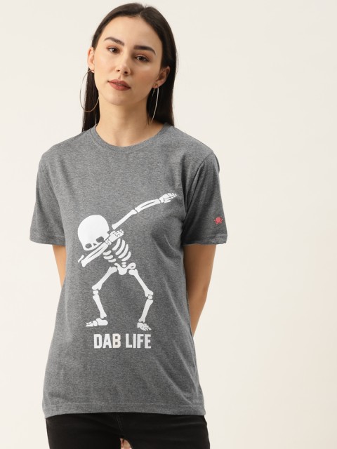 

PRINTOCTOPUS Women Grey Melange Pure Cotton Printed Round Neck T-shirt