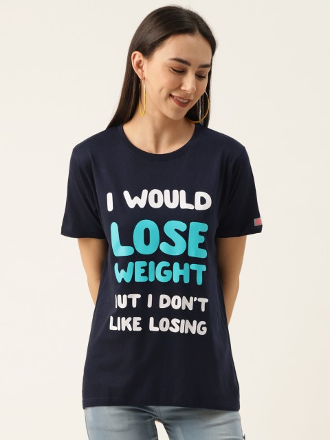 

PRINTOCTOPUS Women Navy Blue Pure Cotton Printed Round Neck T-shirt