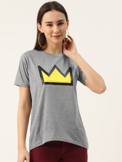 

PRINTOCTOPUS Women Grey Crown Printed Round Neck Pure Cotton T-shirt
